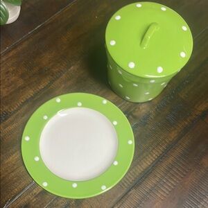 Signature Green & White Polka Dot Ceramic Plate and Jar Set